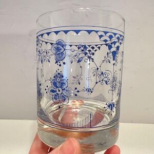 Franciscan Blue Floral Scalloped Clear Glass Tumbler Vintage Drinking Glass